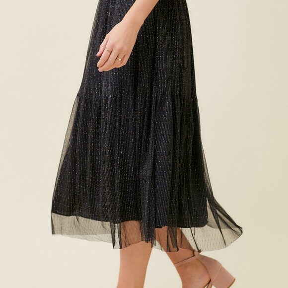 MYSTREE Black Sparkle Mesh Midi Skirt | Shimmer Tiered Tulle | Boutique Trendy - Picture 4 of 8